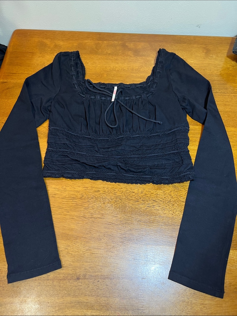 FP SCARLET SMOCKED Black Long-Sleeve Square Neck Smocked Crop Top Size XS
